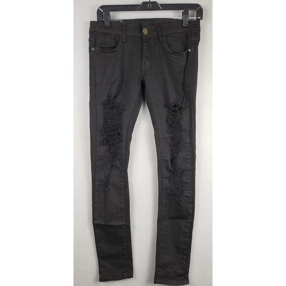 Machine Size 5 Low Rise Distressed Skinny Jean Black Thrashed Frayed Punk Grunge - Picture 1 of 11